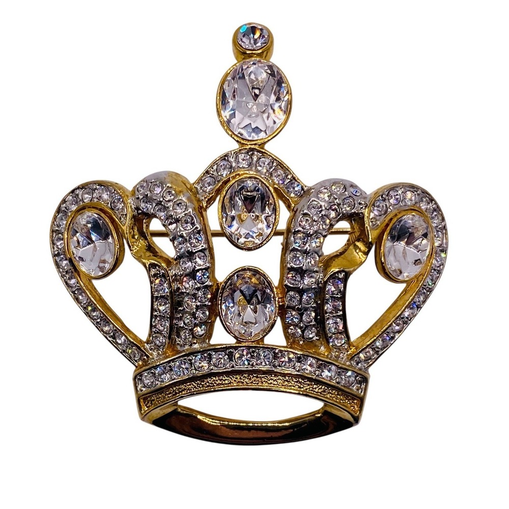 Vtg Goldtone Rhinestones Queen Crown Brooch Pin Bouquet Sash Bridal Wedding